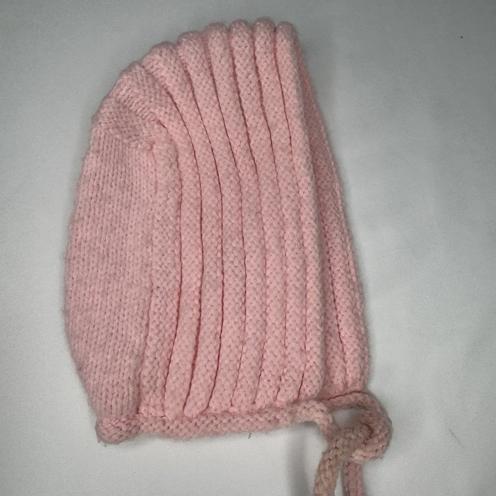 Vintage Baby Tied Bonnet Hat Hand Knitted Peach Pink, Winter‎ Cute, Adjustable